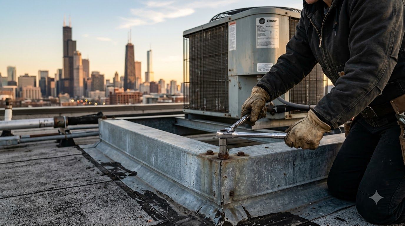 White rooftop of an industrial building with a city skyline in the distance