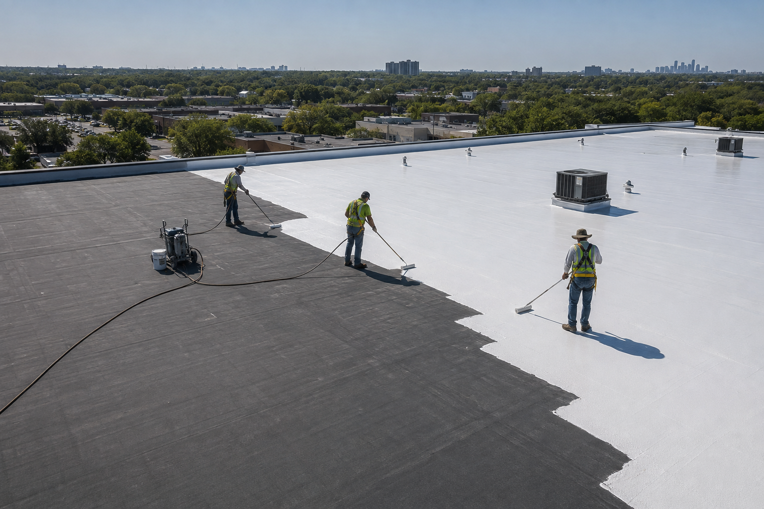 Worker in hard hat inspecting a white rooftop while taking notes