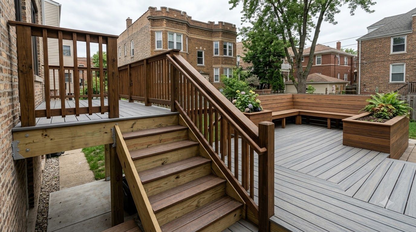Wooden deck with stairs and railing beside a brick townhouse courtyard