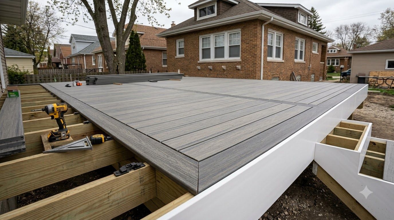 Gray rooftop deck under construction beside a brick house, with exposed framing and tools visible