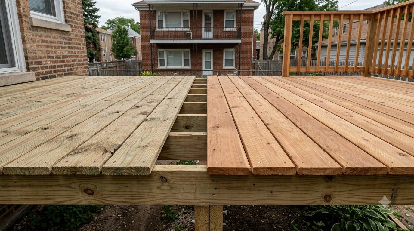 Partially rebuilt wooden deck with old gray boards on the left and new tan boards on the right.