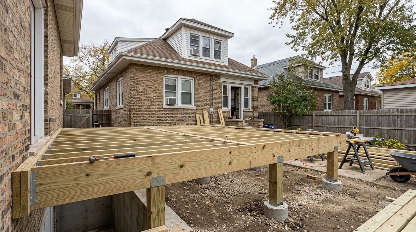 Backyard deck under construction beside a brick house, with wood framing and concrete supports.