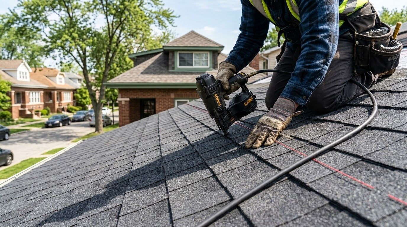 Roofing worker installing dark gray shingles on a house roof with a nail gun in a suburban neighborhood