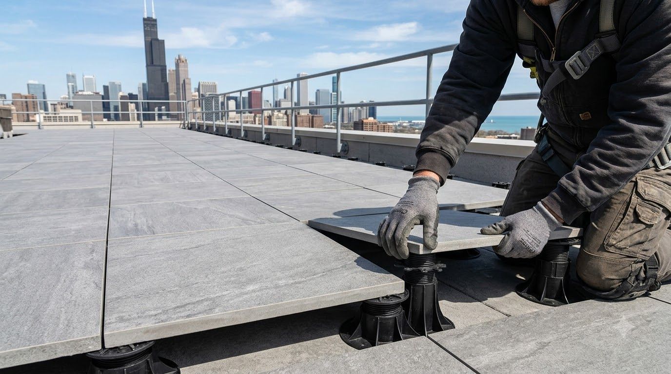 Worker installing rooftop decking on a high-rise with city skyline in the background