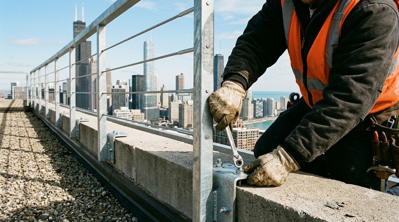 Worker in orange safety vest installing railing on a rooftop with a city skyline in the background