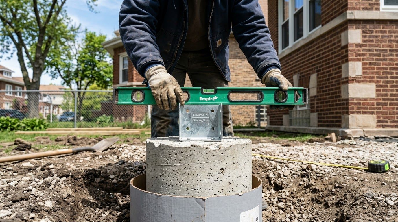 Worker leveling a concrete post with a green spirit level at a construction site.