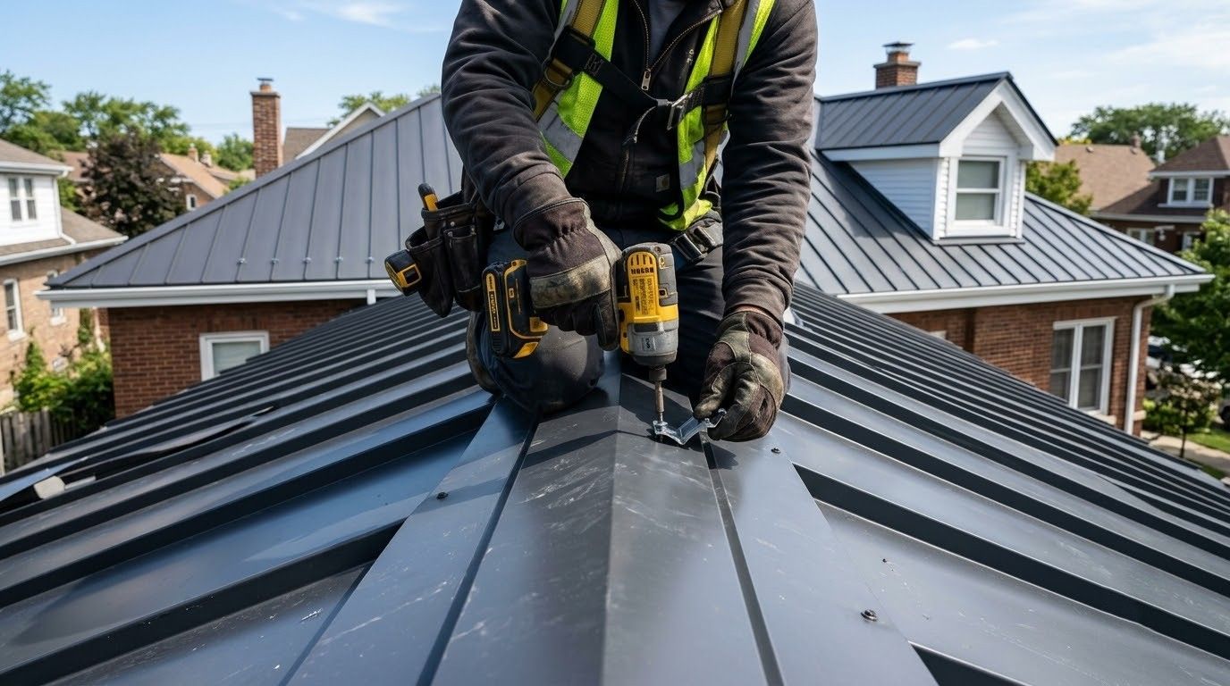 Worker fastening metal roof panels on a house rooftop with a power drill