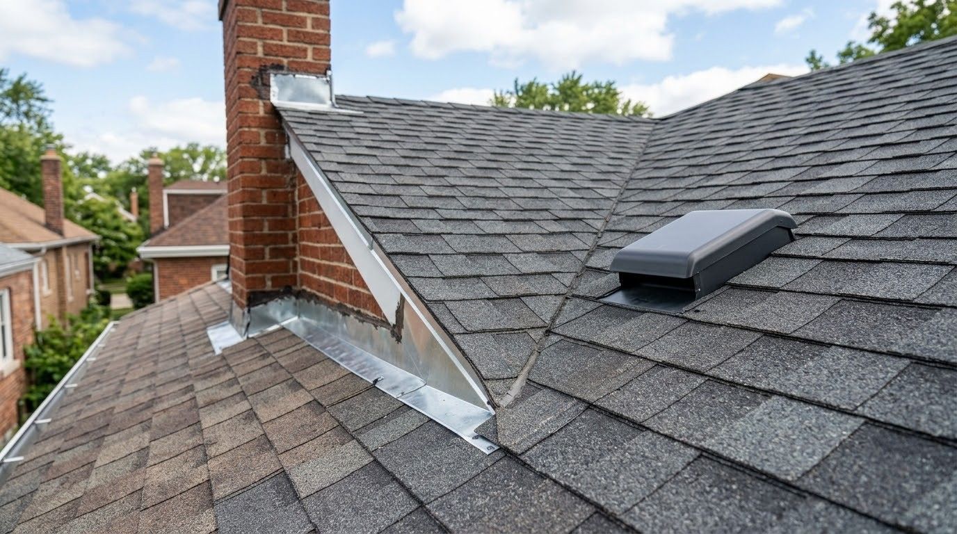 Roof with damaged flashing around a chimney, gray shingles, and a skylight vent.