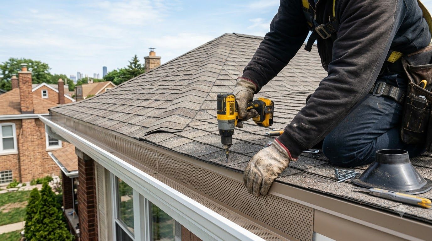 Worker using a drill to repair a shingled roof on a house