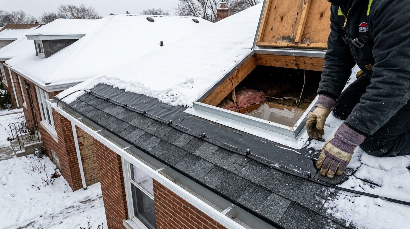 Person removing snow from a roof with a skylight on a snowy day