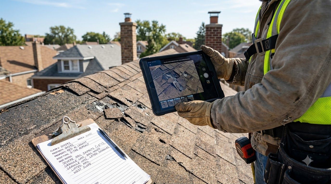 Worker inspecting a shingled roof with a tablet and clipboard on a sunny rooftop.