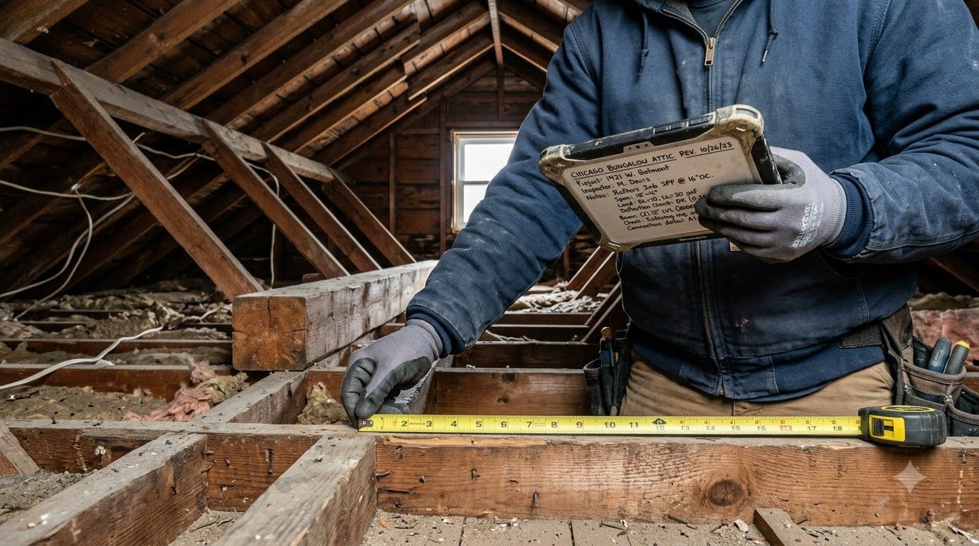 Worker measuring wooden beams in an attic with a tape measure and clipboard.