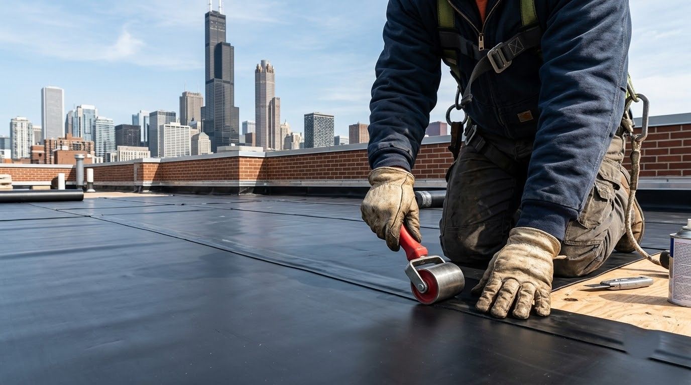 Worker applying black roofing membrane on rooftop with city skyline in the background
