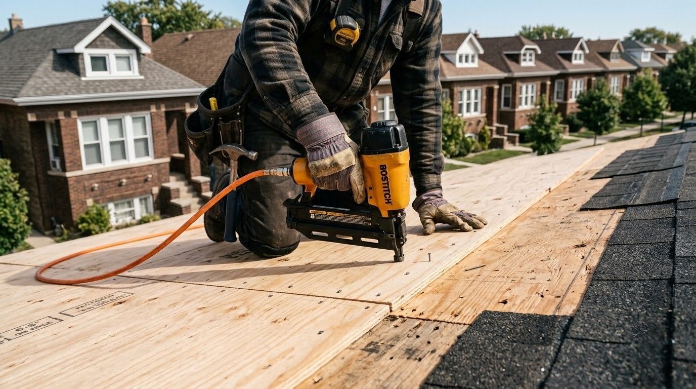 Worker nailing plywood roof sheathing on a residential rooftop in a suburban neighborhood