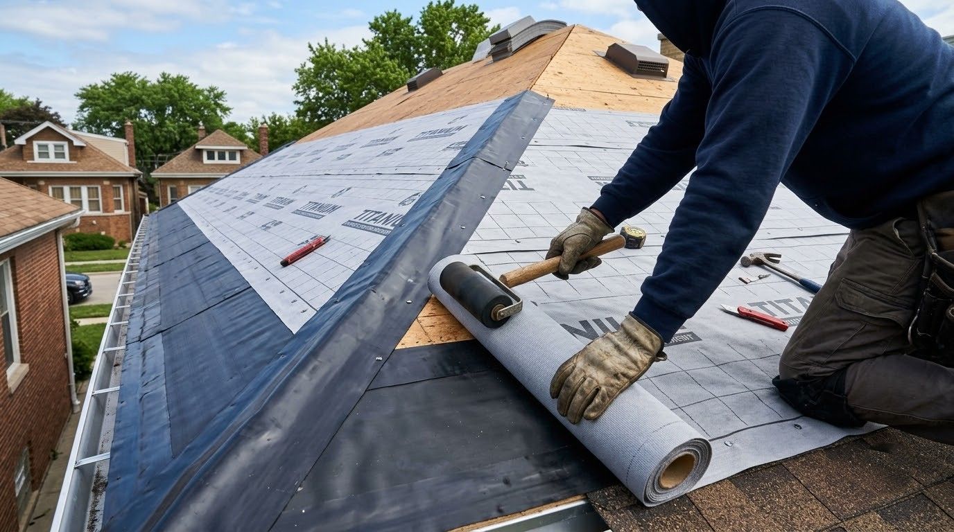 Worker rolling roofing underlayment on a sloped roof during repair.