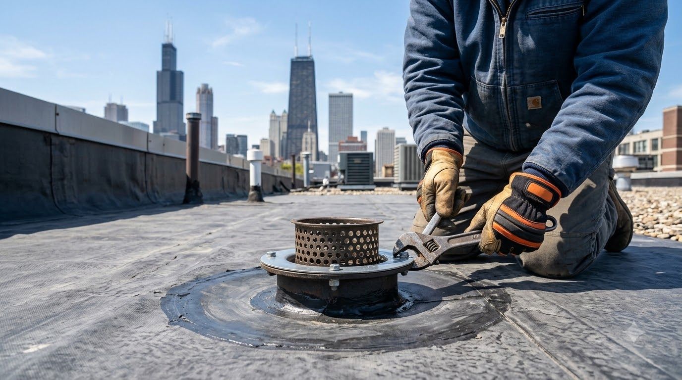 Worker installing a rooftop drain on a city building, with skyline in the background