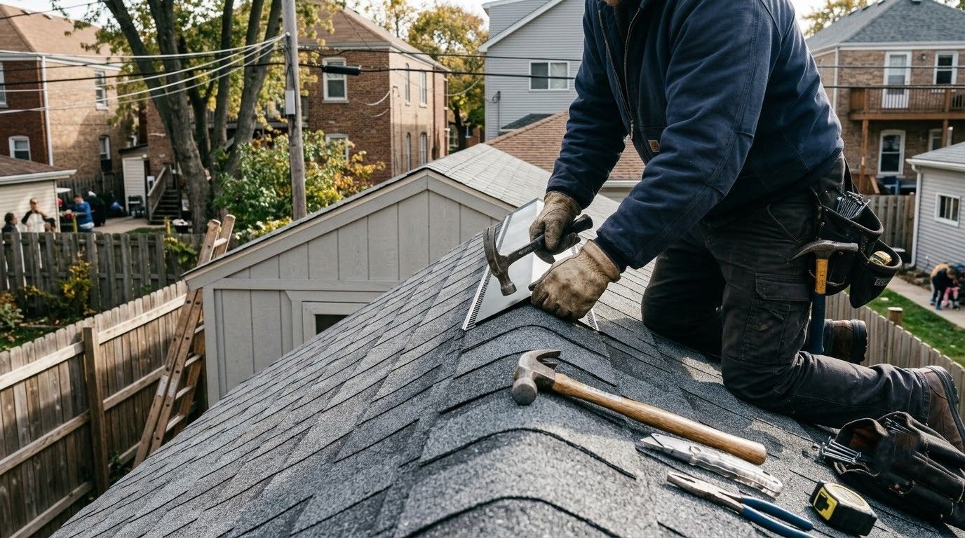 Worker repairing a gray shingle roof with tools, seen on a rooftop in a residential neighborhood.