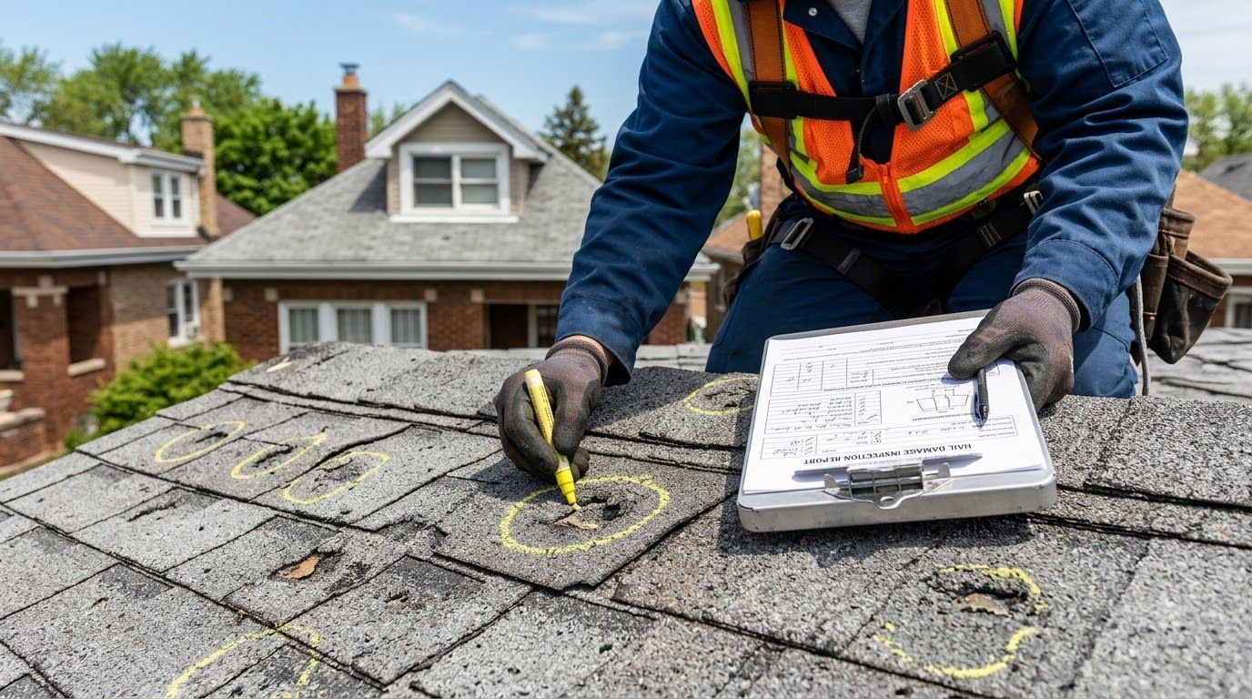 Roof inspector marking damaged shingles with chalk on a gray shingle roof, clipboard in hand.
