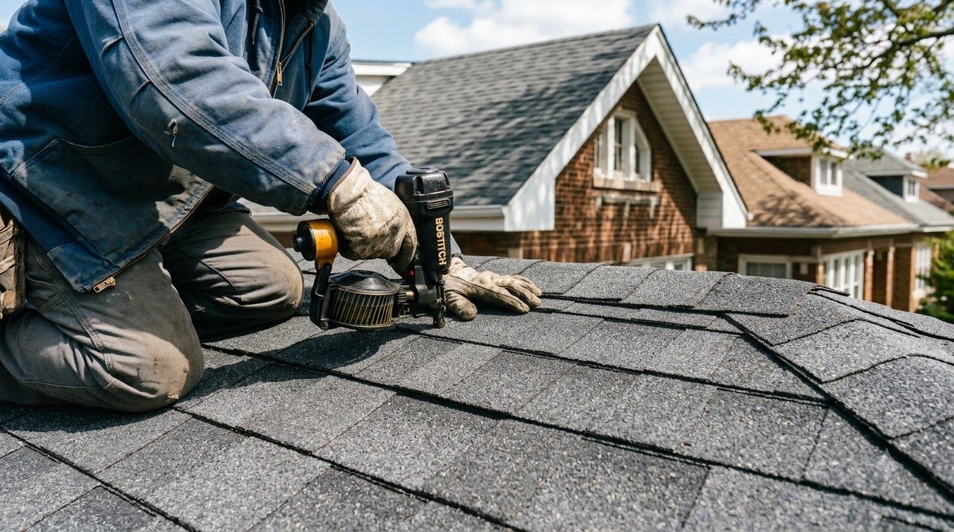 Worker using a nail gun to install gray shingles on a house roof