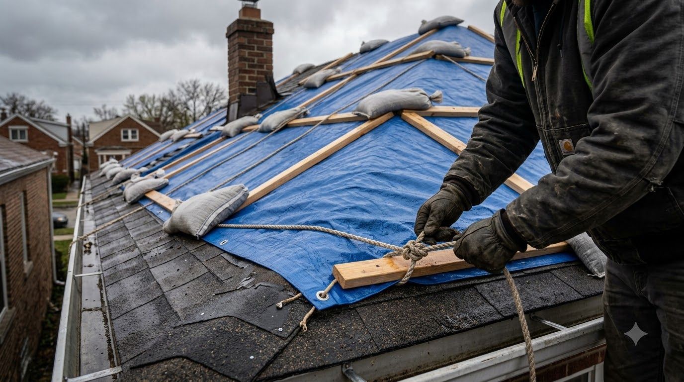 Worker on a rooftop, using a trowel to repair a chimney area covered with blue tarp.