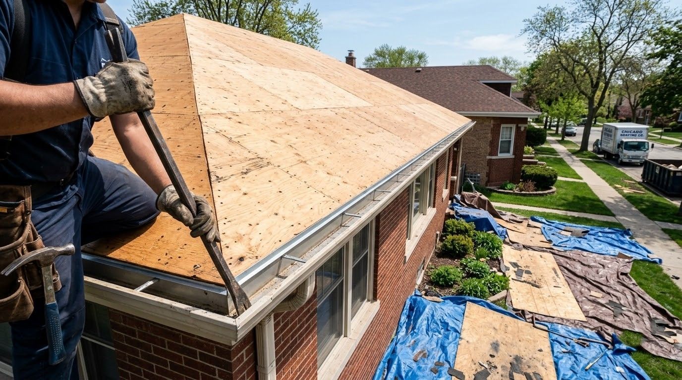 Worker using a shovel on a steeply pitched roof during reroofing, with tarps and a suburban street below.
