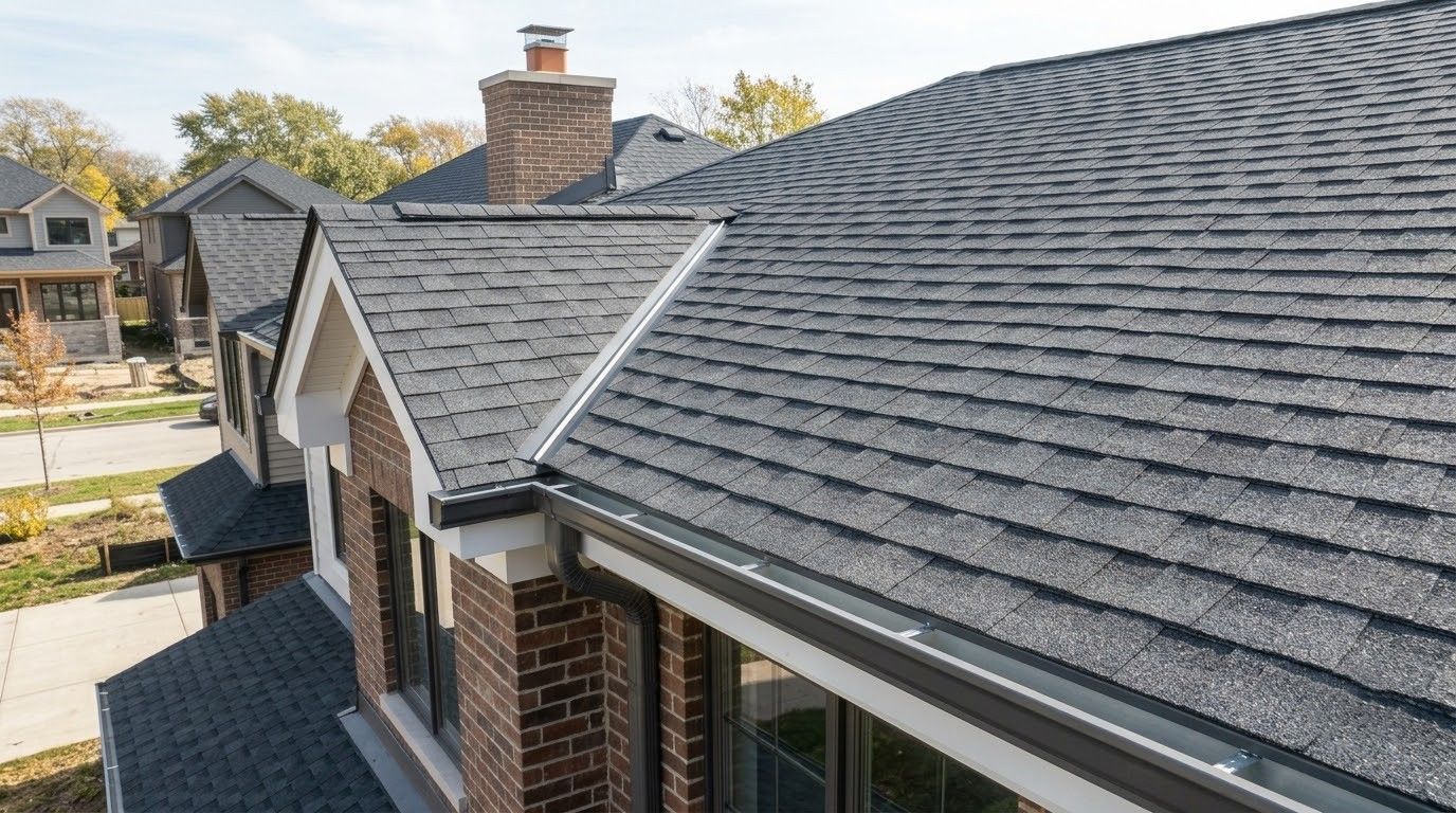 Shingled rooftop of a brick house with gabled dormers and a chimney in a suburban neighborhood