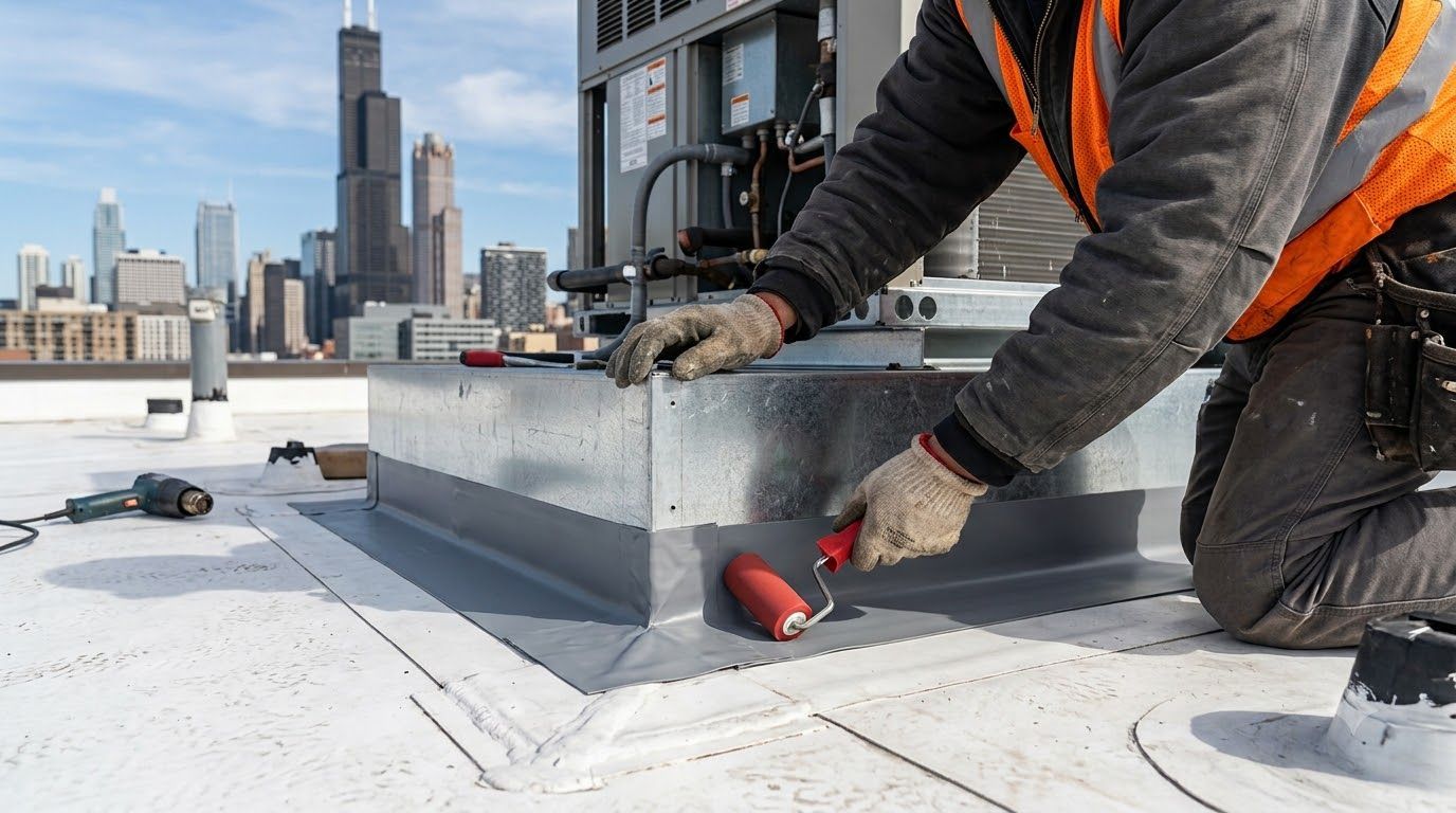 Worker sealing rooftop vent on a snowy rooftop with a city skyline in the background
