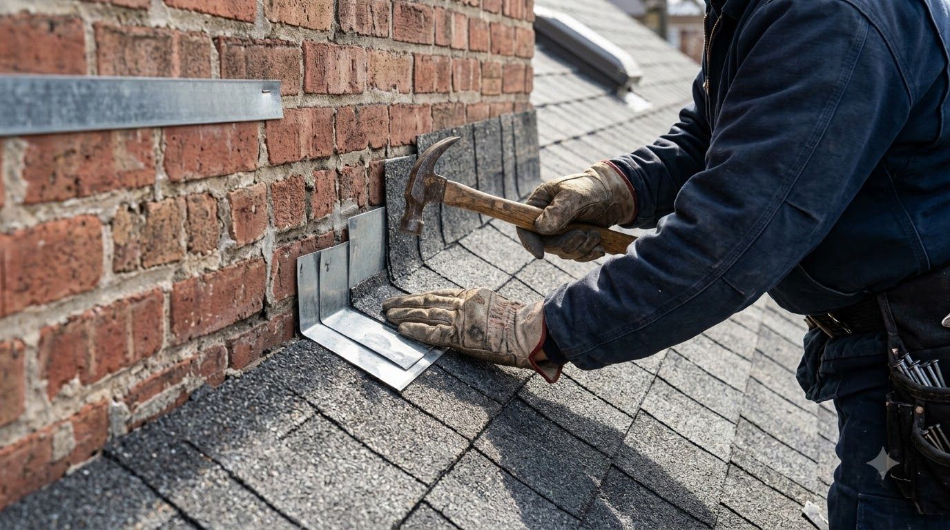 Worker repairing roof shingles beside a brick wall, using a trowel and gloves
