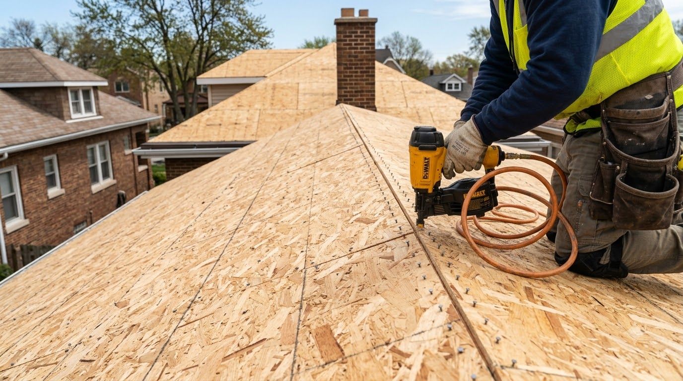 Worker nailing plywood sheathing to a roof under construction, with houses and trees in the background