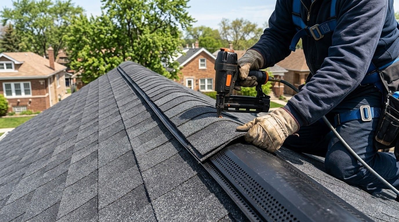 Worker installing dark gray roof shingles on a house roof with a nail gun
