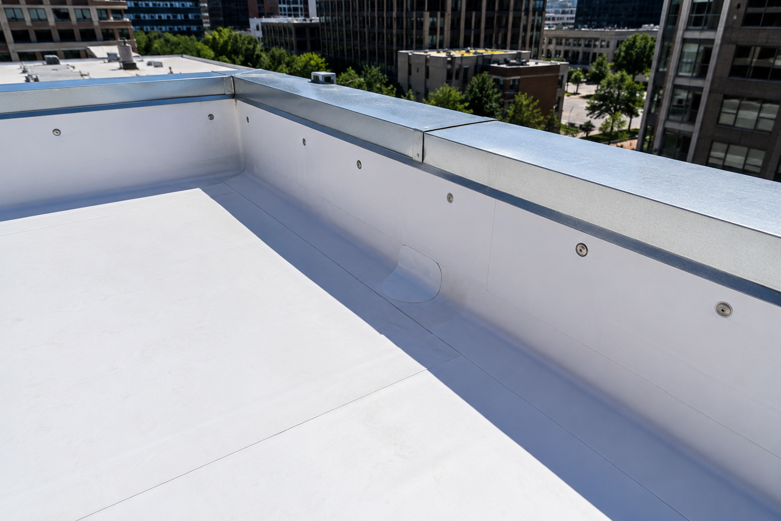 Rooftop with white waterproof coating and low white parapet wall, city buildings in the background