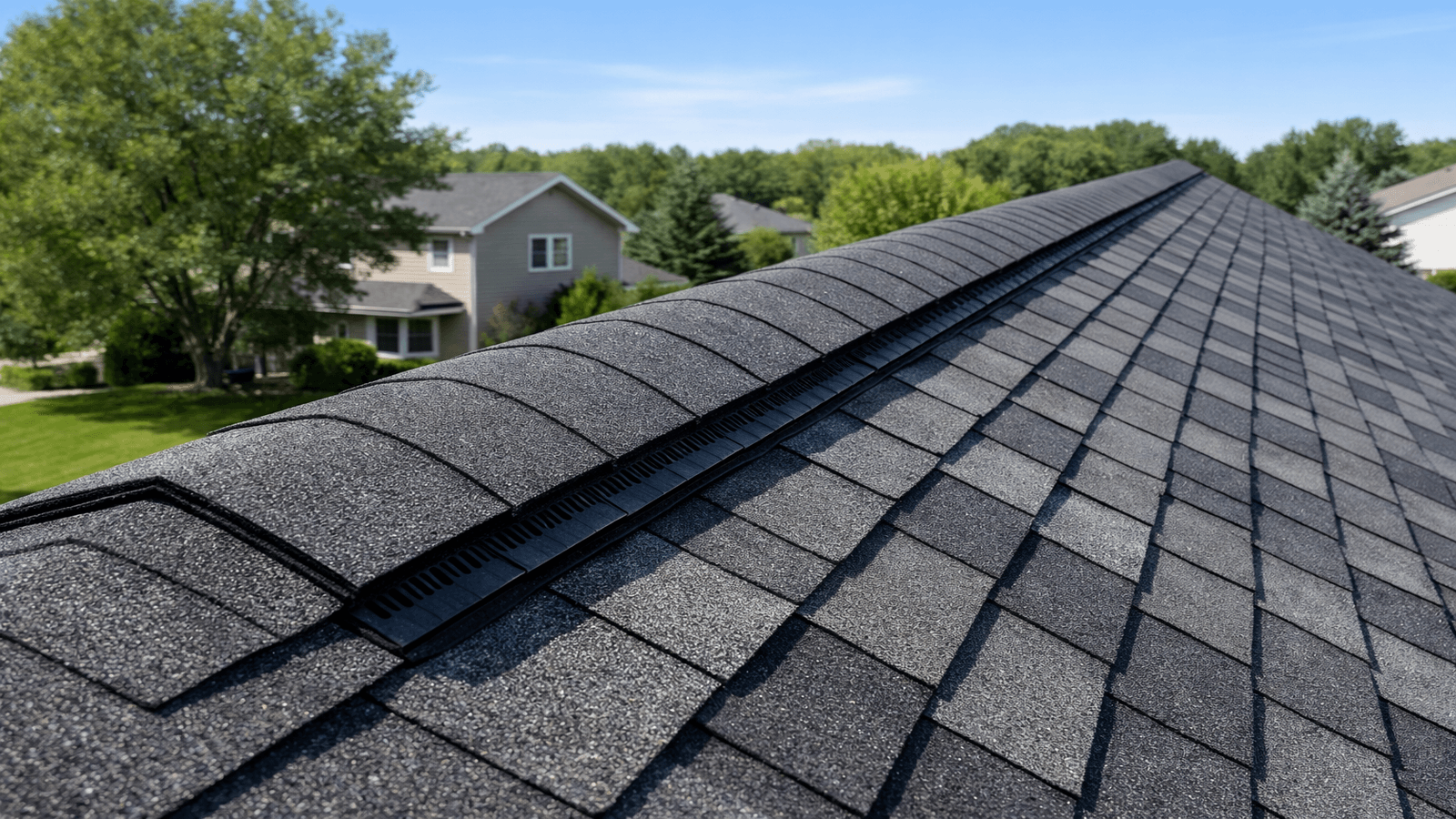 Dark gray asphalt shingle roof with ridge cap on a suburban house, viewed from above under a blue sky
