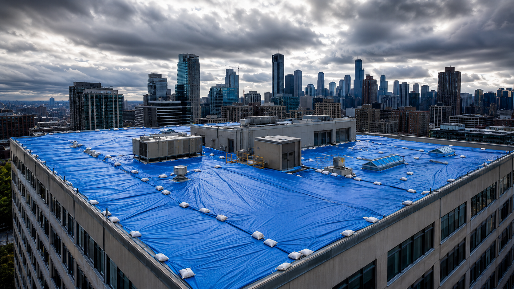 Blue-covered rooftop with HVAC units overlooking a city skyline under cloudy skies