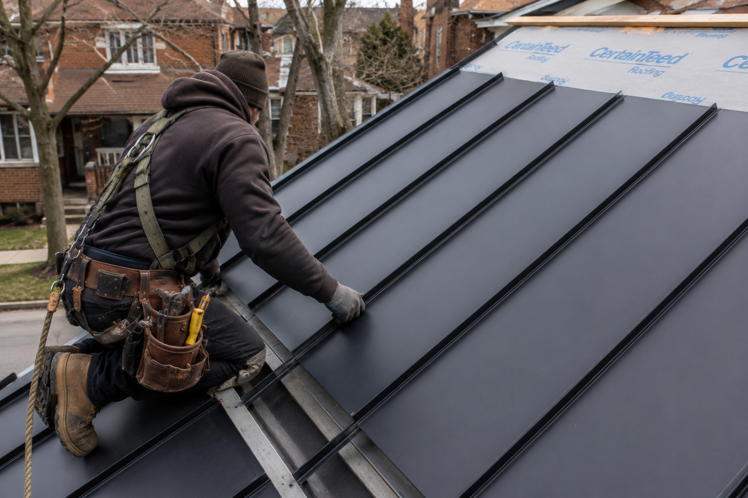 Worker installing dark metal roofing panels on a house roof