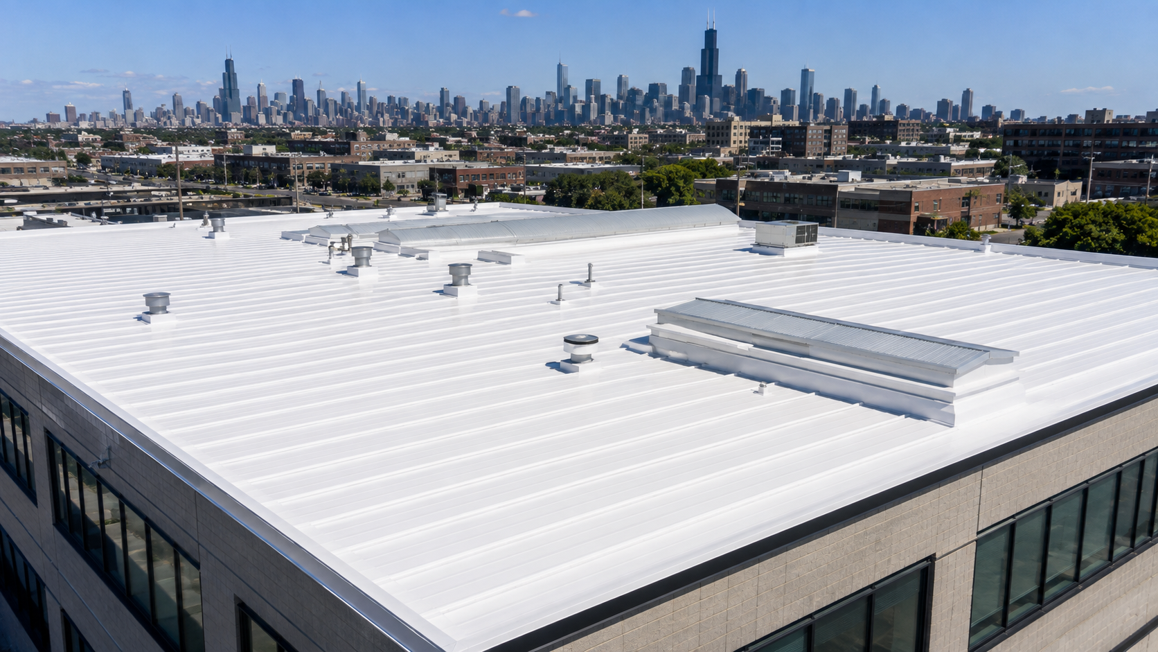 Rooftop with white surface and skylights, overlooking a city skyline in the distance