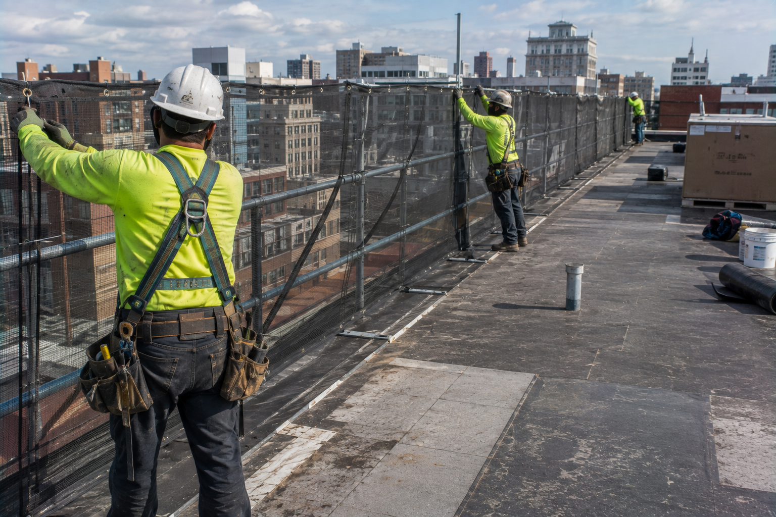 Construction workers in neon jackets securing safety netting on a rooftop with city buildings in the background