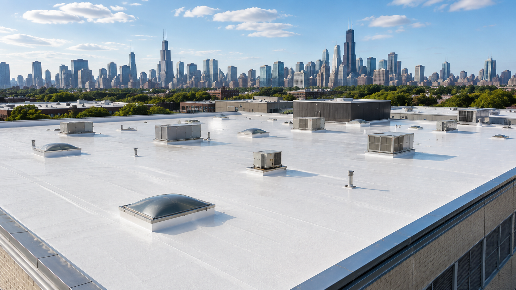 Rooftop with white membrane and skylights overlooking a distant city skyline under a blue sky