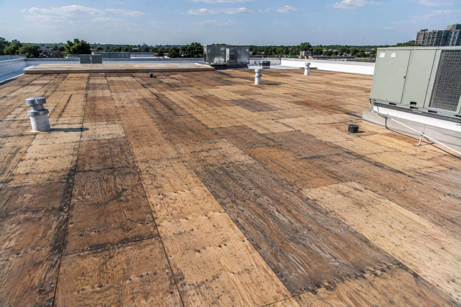 Flat rooftop with weathered tan surface, HVAC units, and distant trees under a clear sky