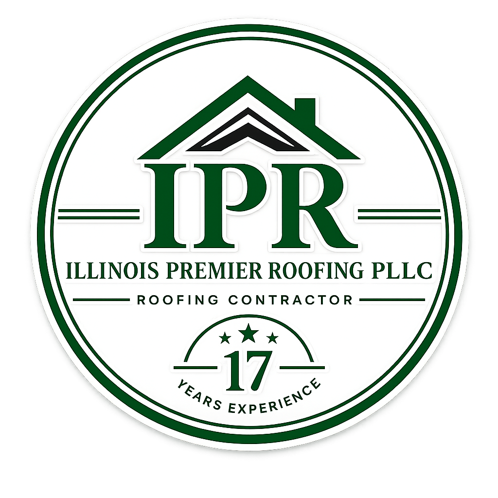 Illinois Premier Roofing PLLC logo with green house roof icon and “17 years experience” emblem