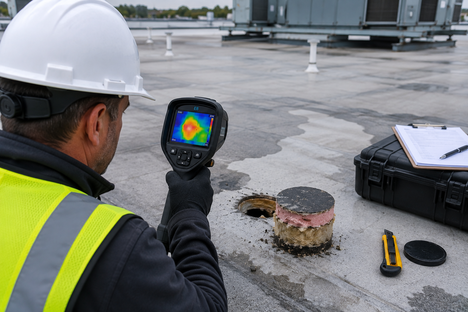 Worker in hard hat scans a rooftop leak with a thermal camera beside tools and an open vent.