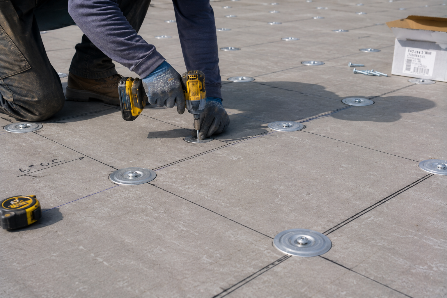 Worker installing rooftop solar panel mounts with a drill and tape measure