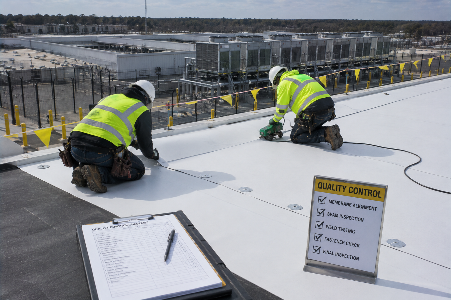 Two workers installing a white rooftop membrane at a construction site, wearing yellow safety vests.