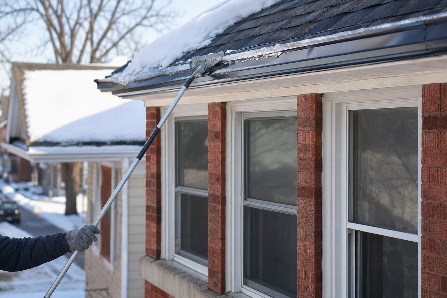 Person using a roof rake to clear snow from a house roof in winter