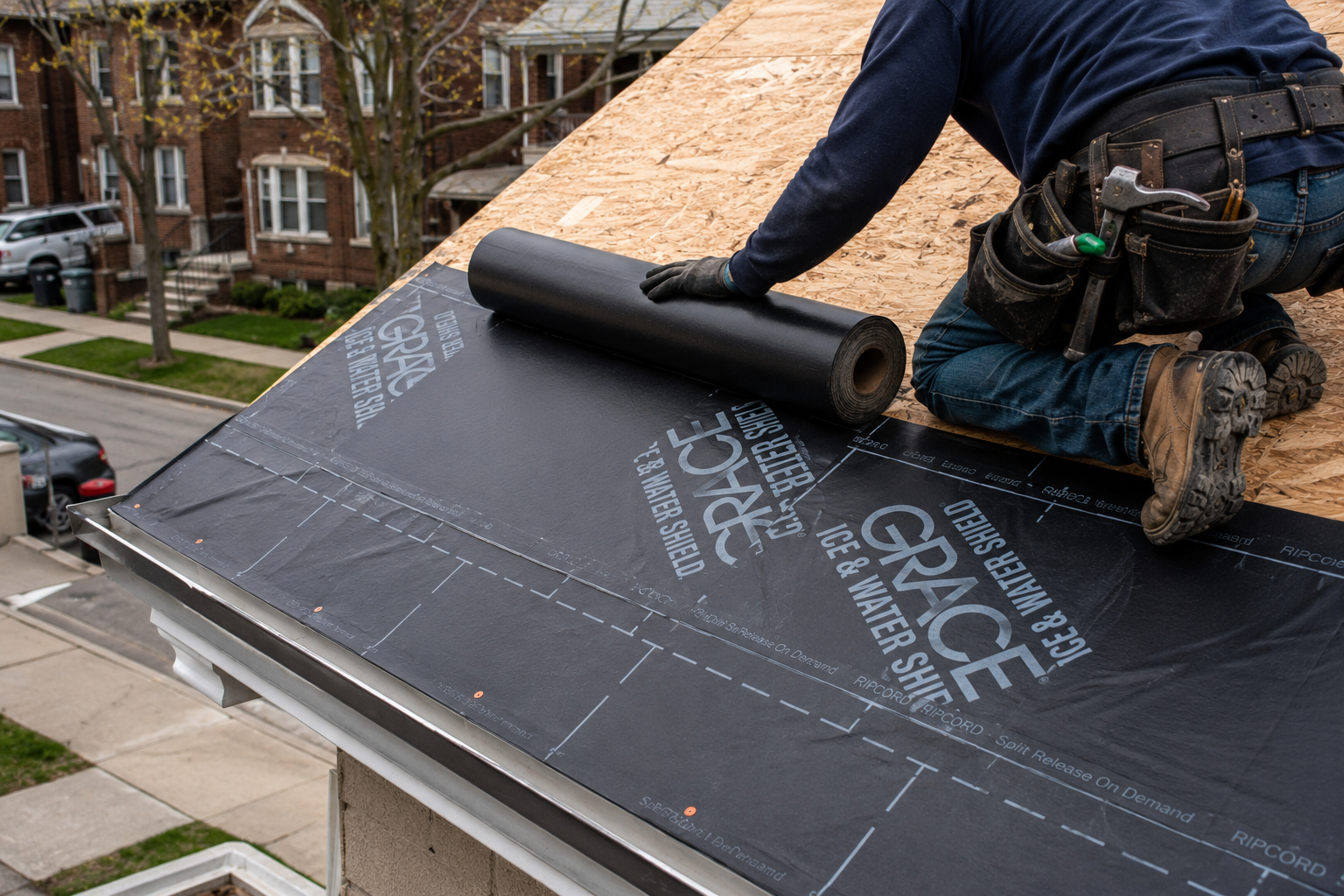 Roofing worker rolling black underlayment on a sloped rooftop beside a residential street.