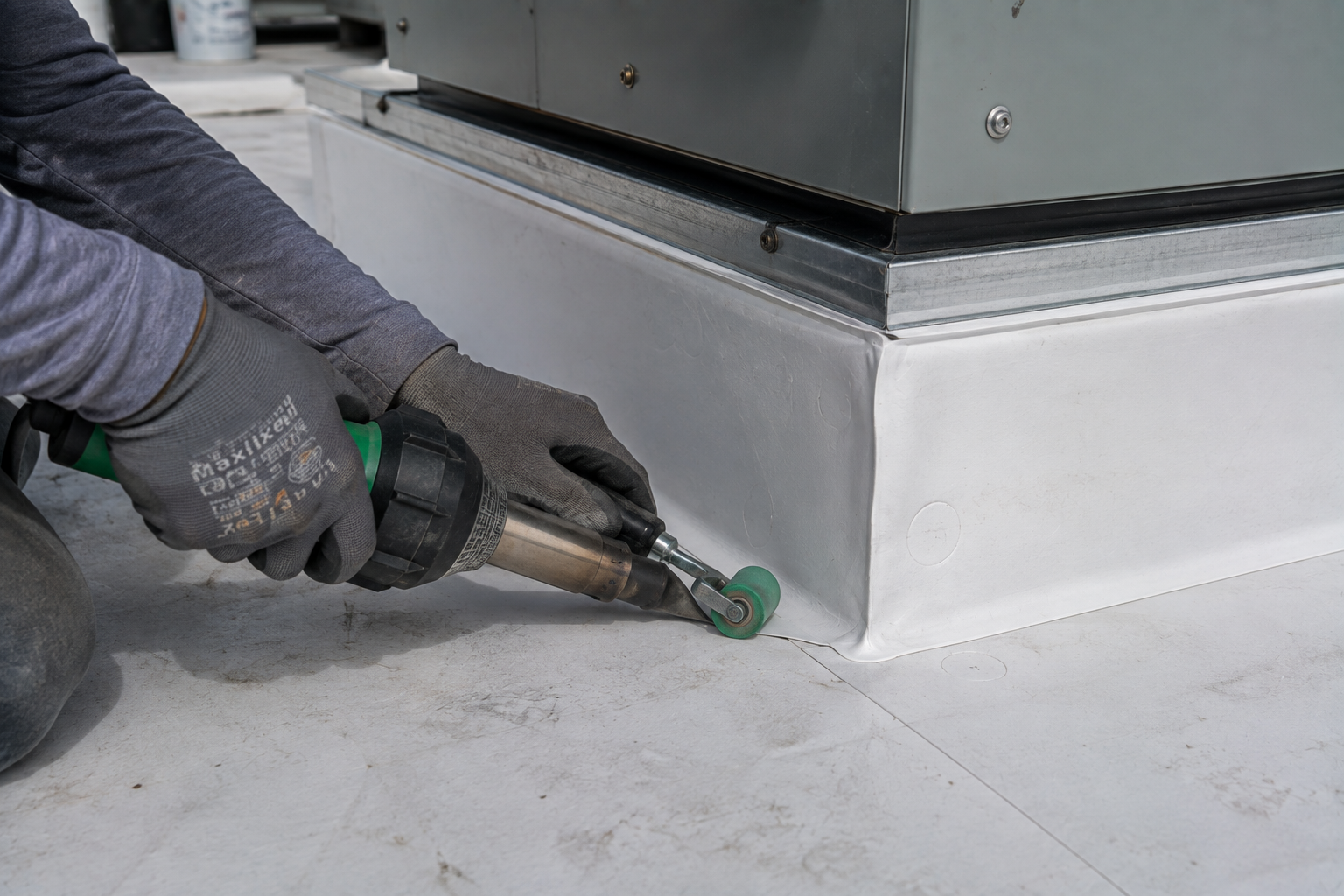 Gloved worker sealing a floor corner around industrial equipment with a caulking gun