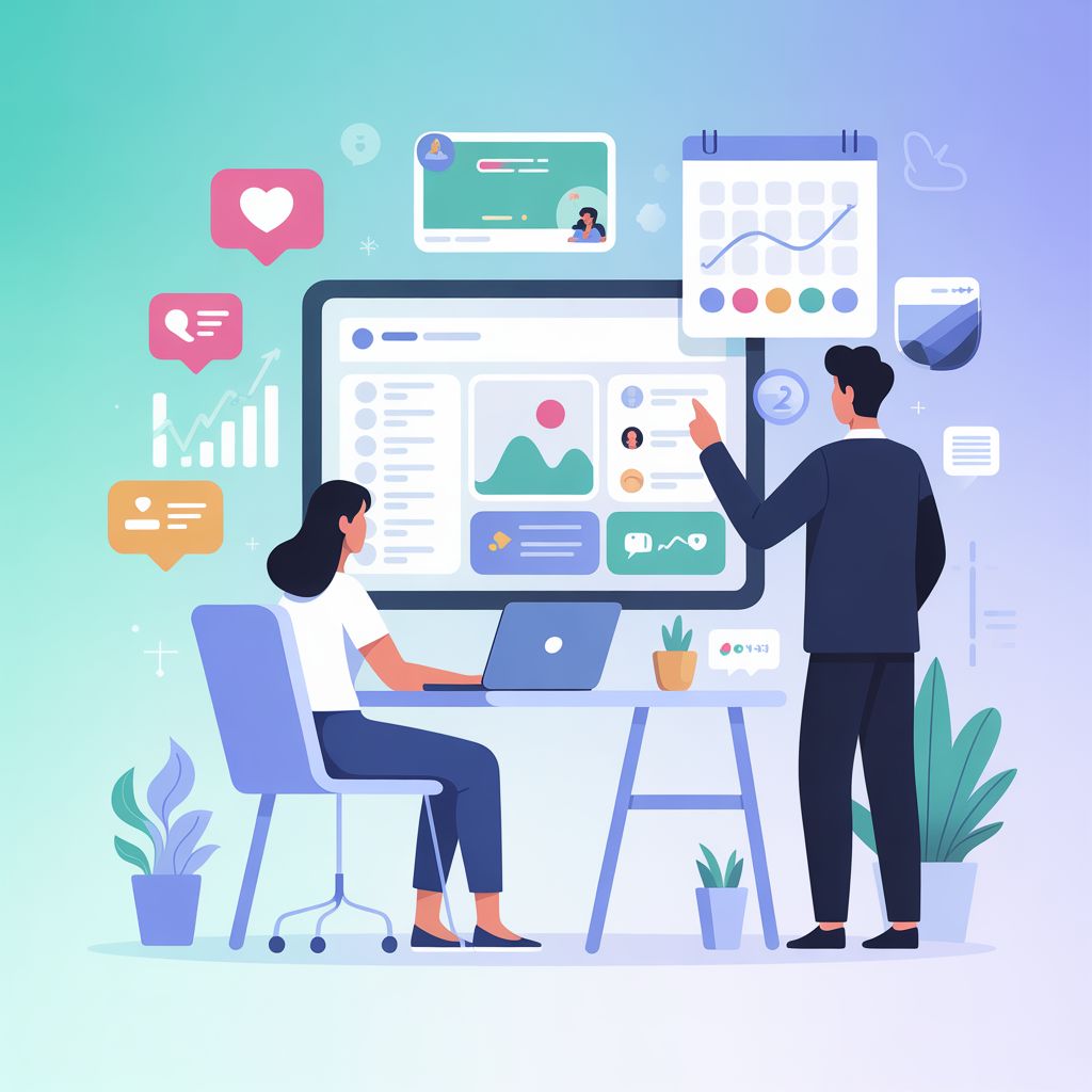 Illustration of small business social media marketing strategy with analytics dashboard, content planning calendar, and brand growth metrics on screen