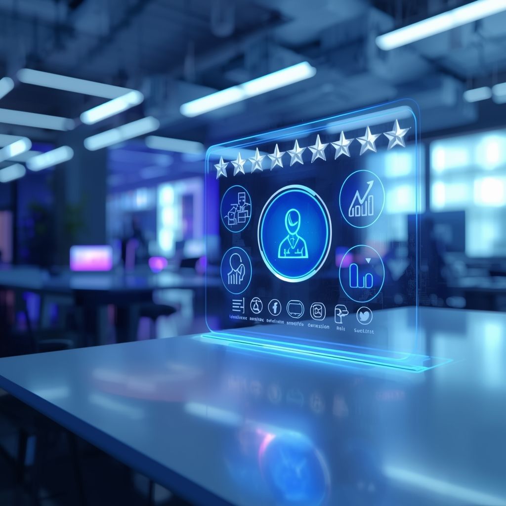 Futuristic online reputation management dashboard showing customer reviews ratings and analytics Lea