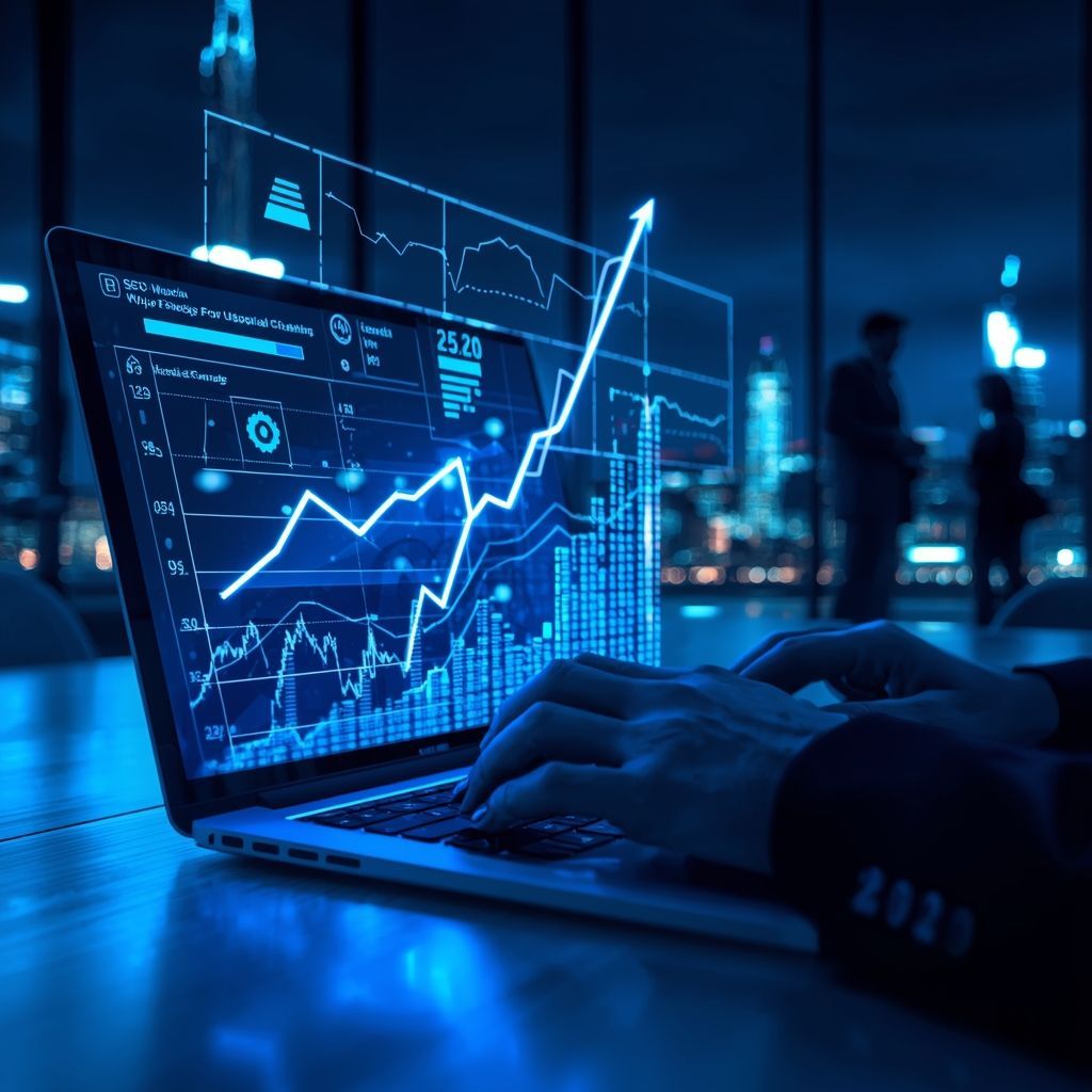 Laptop displaying SEO analytics, search ranking growth, and digital marketing performance metrics