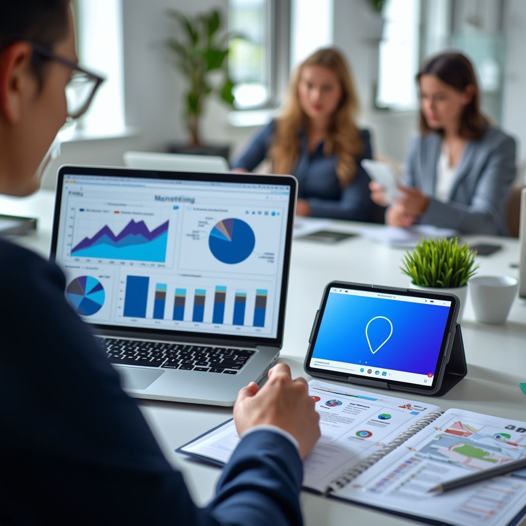 Business owner optimizing Google Business Profile on laptop with analytics dashboard and local SEO d