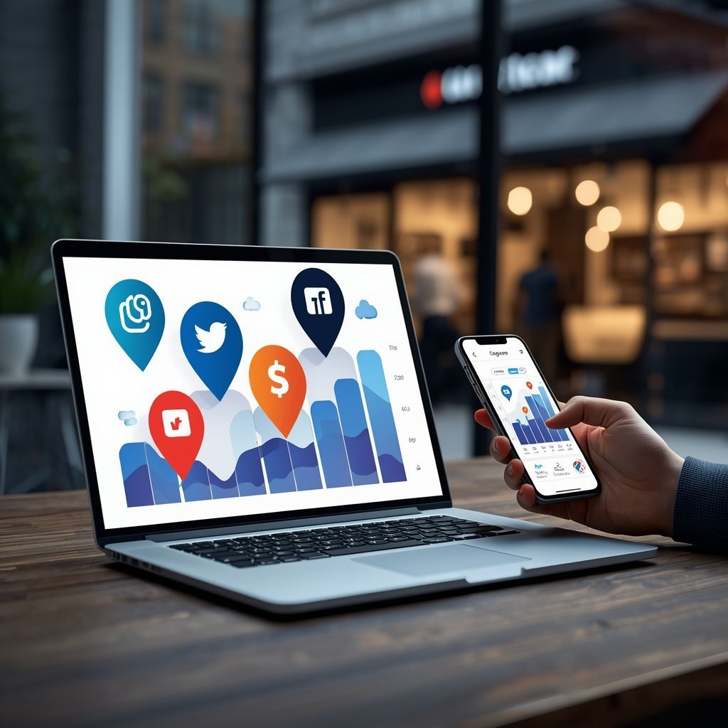 Laptop displaying Facebook and Instagram ad analytics for local lead generation with smartphone